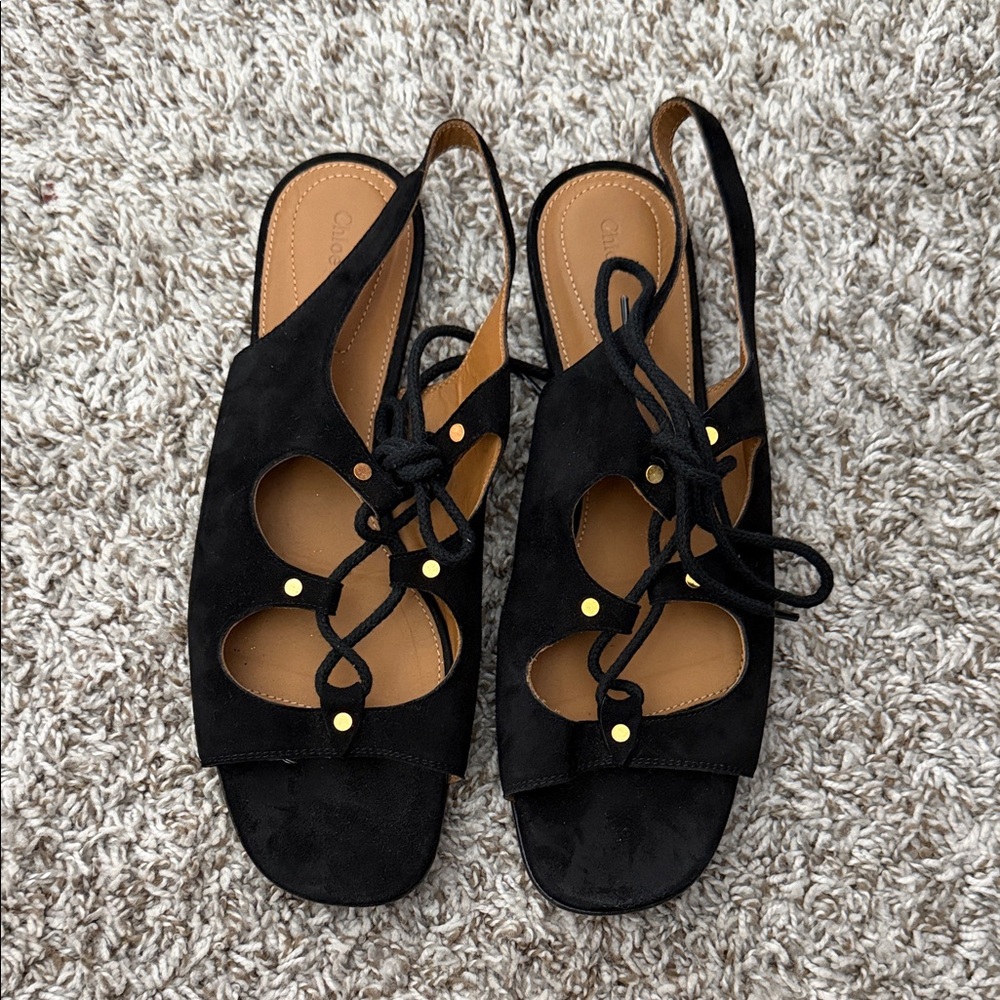 Chloé Black Suede Lace-Up Slingback Sandals with Gold Studs